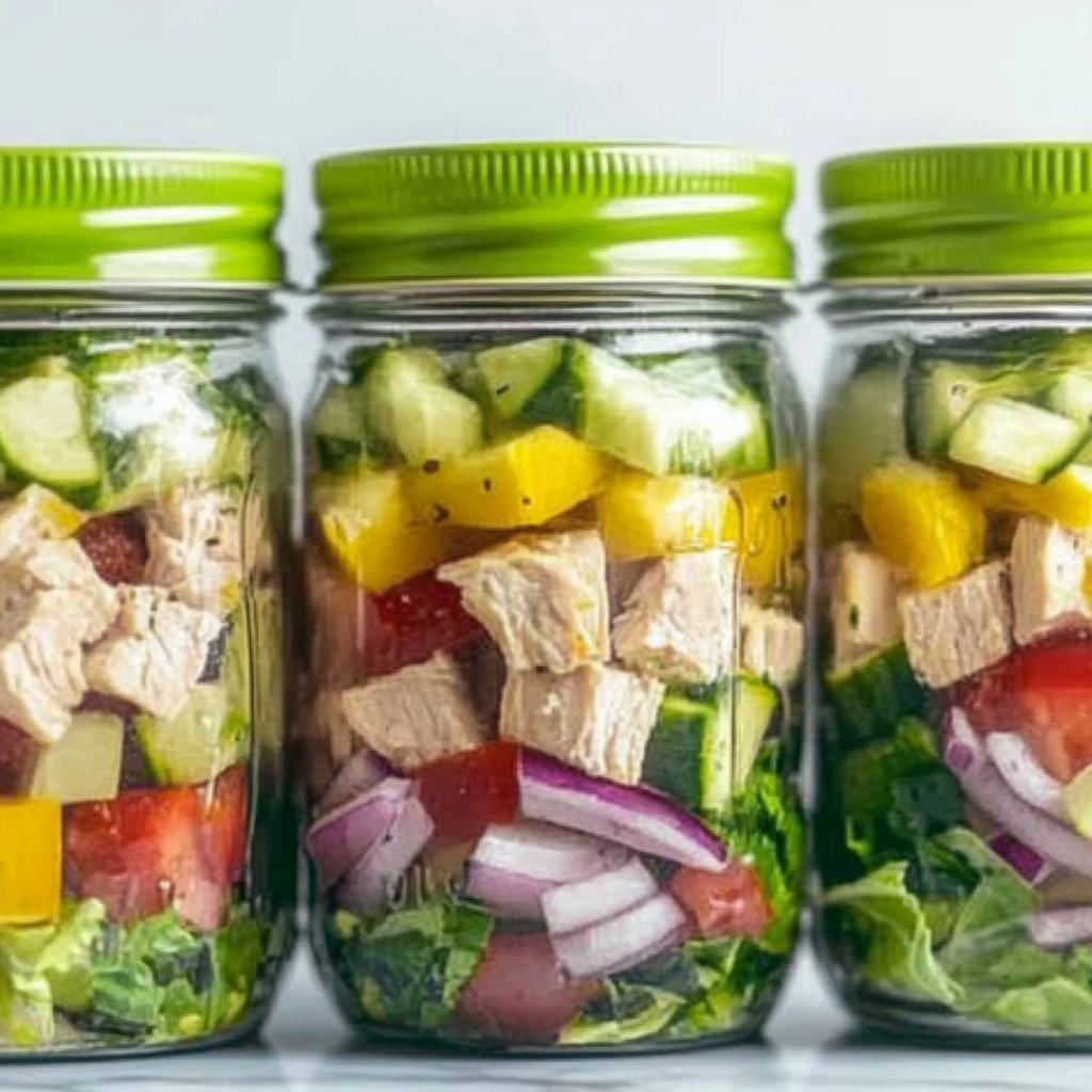Recipe preparation for Greek Chicken Salad Jar Lunch