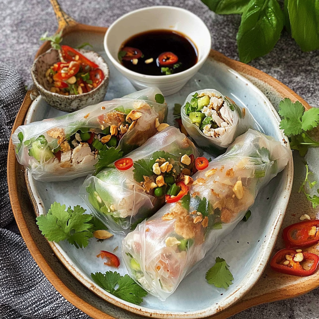 Recipe preparation for Pesto Chicken Crispy Rice Paper Rolls