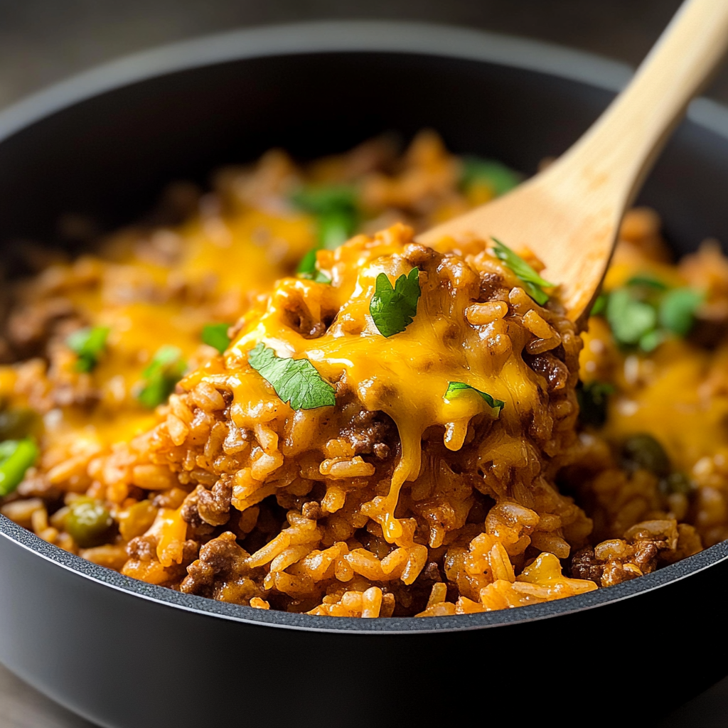 Recipe preparation for One-Pan Cheesy Taco Rice Skillet