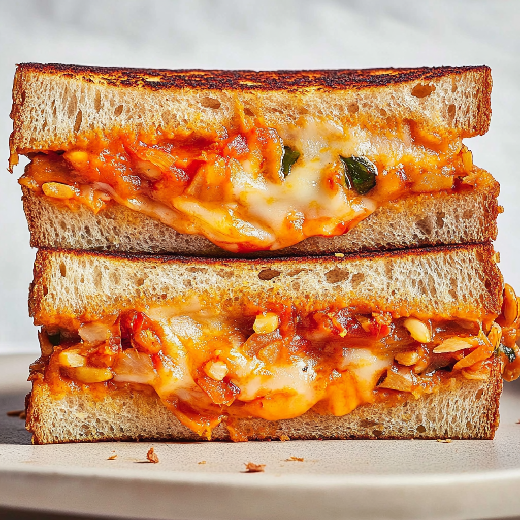 Recipe preparation for Kimchi Grilled Cheese Toastie