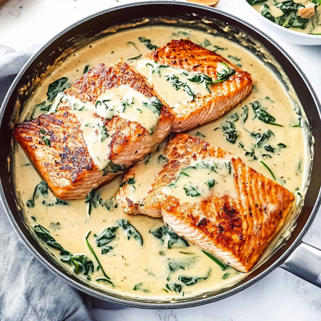 Recipe preparation for Garlic Butter Tuscan Salmon with Spinach