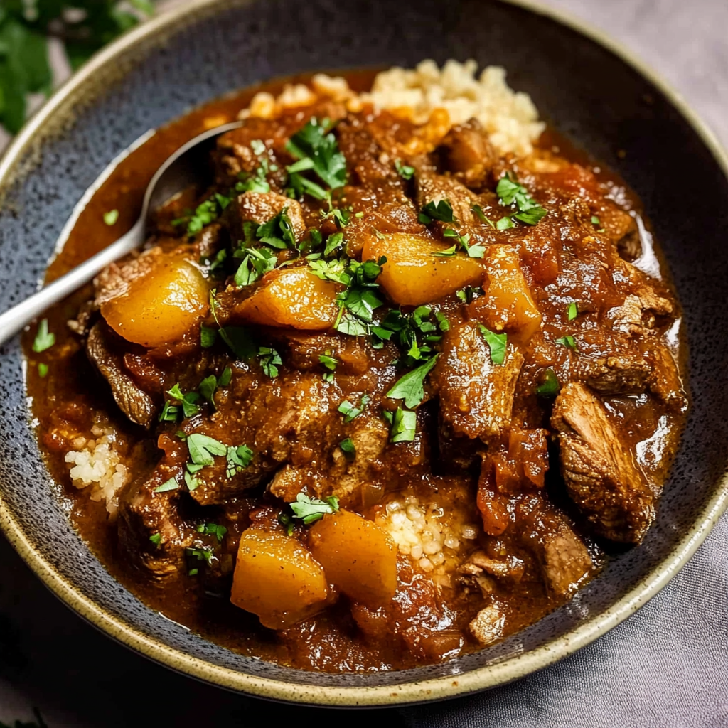 Recipe preparation for Middle Eastern spiced lamb tagine with apricot