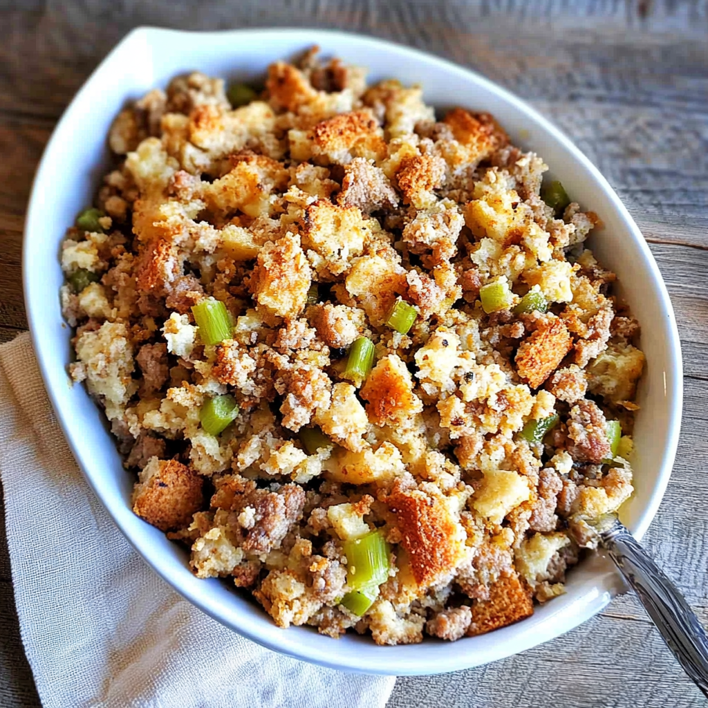 Recipe preparation for Corn-bread stuffing with sausage