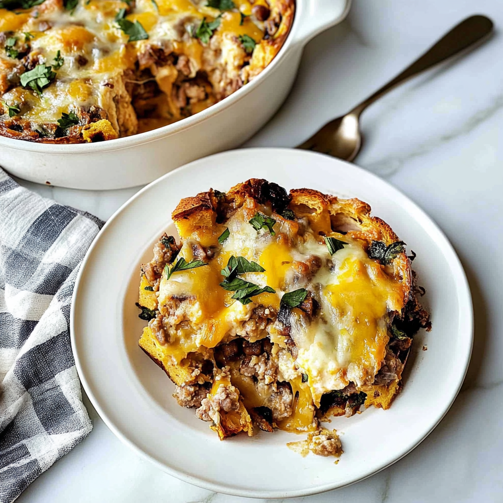 Recipe preparation for Christmas morning strata with brioche, eggs, sausage & Gruyère