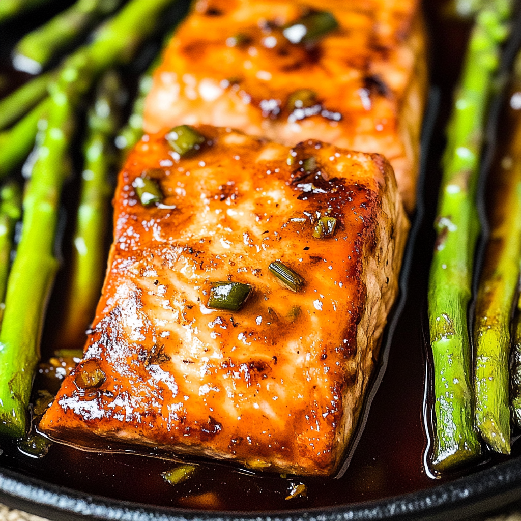 Recipe preparation for Honey Garlic Butter Glazed Salmon with Asparagus