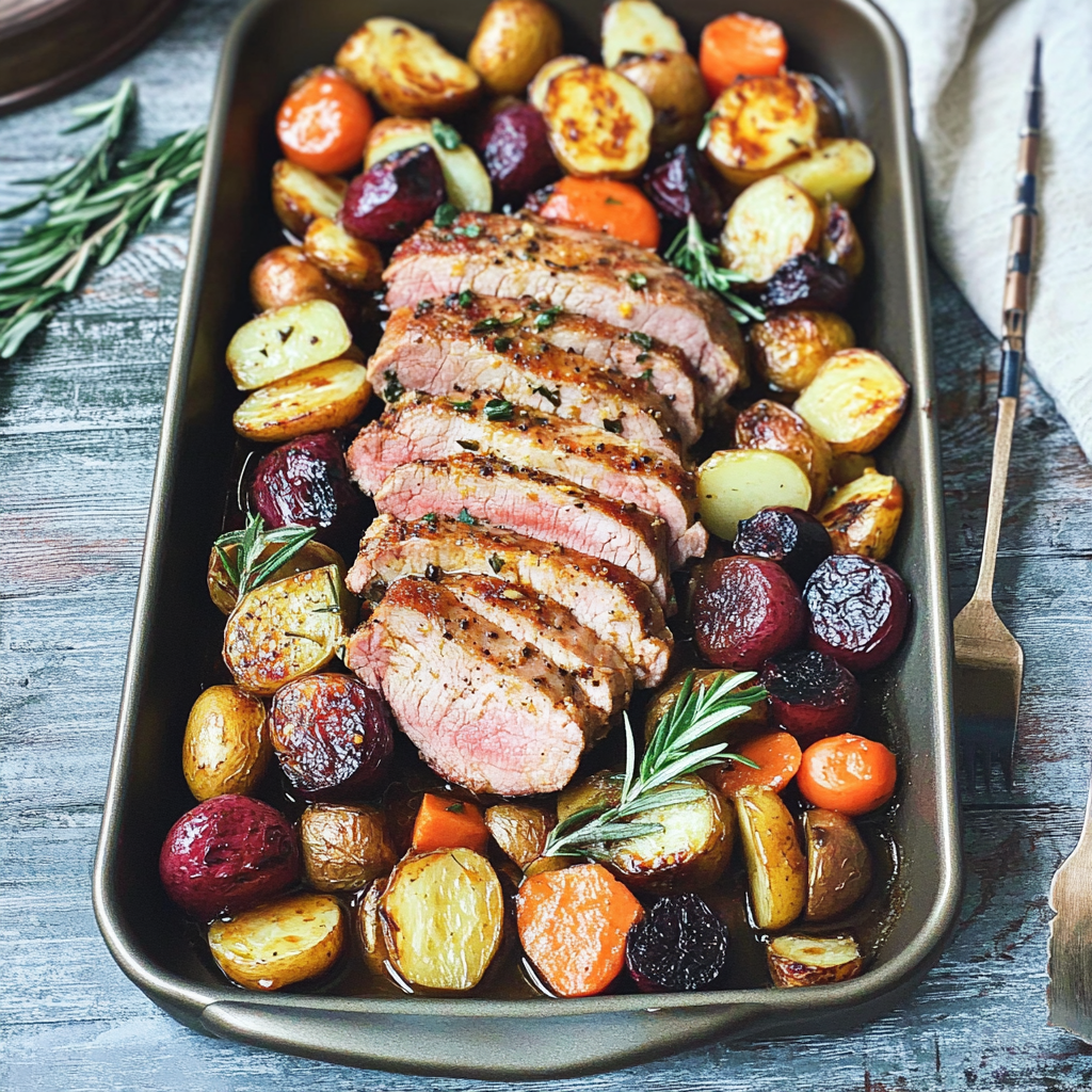 Recipe preparation for Sheet-Pan Maple Mustard Pork Tenderloin & Root Vegetables