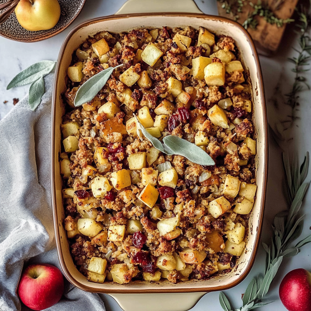 Recipe preparation for Sage Apple & Sausage Stuffing Bake