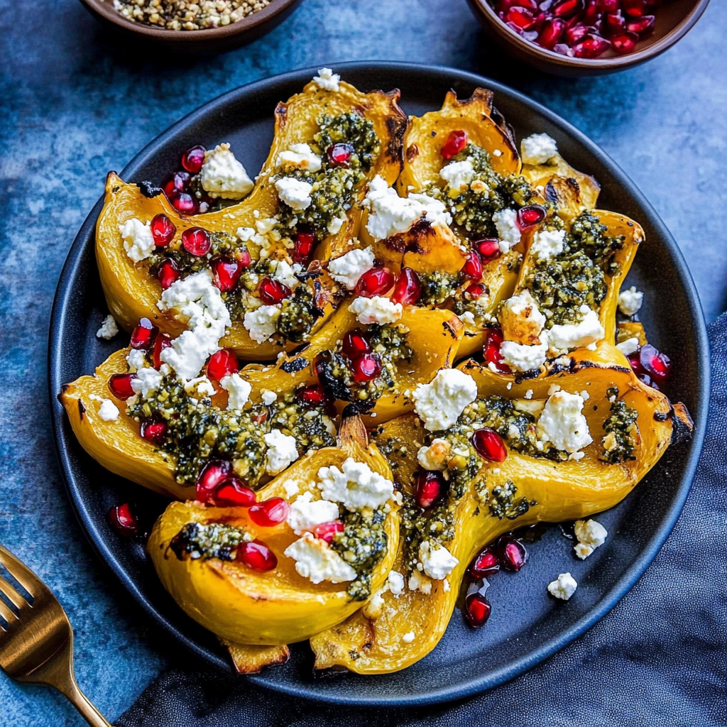 Recipe preparation for Roasted Acorn Squash Half-Shells with Feta & Pomegranate