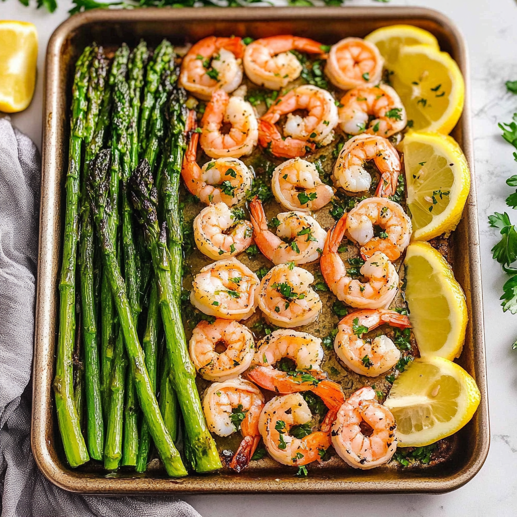 Recipe preparation for Sheet Pan Lemon Garlic Shrimp and Asparagus