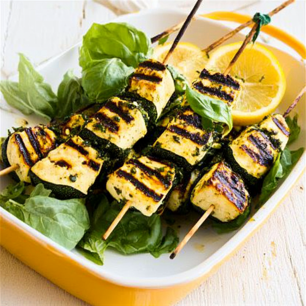 Recipe preparation for Halloumi and Zucchini Kebabs with Sumac-Lemon Dressing