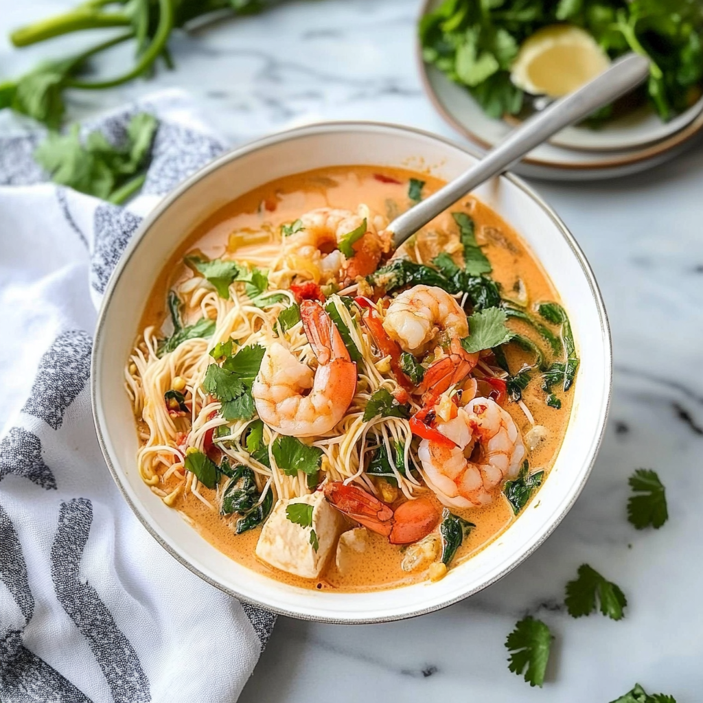 Recipe preparation for Spicy Shrimp and Coconut Milk Noodle Bowl