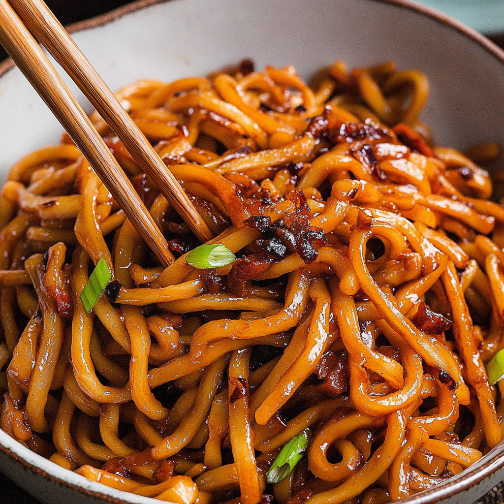 Recipe preparation for Long Life Noodles with Chili Oil and Crispy Shallots