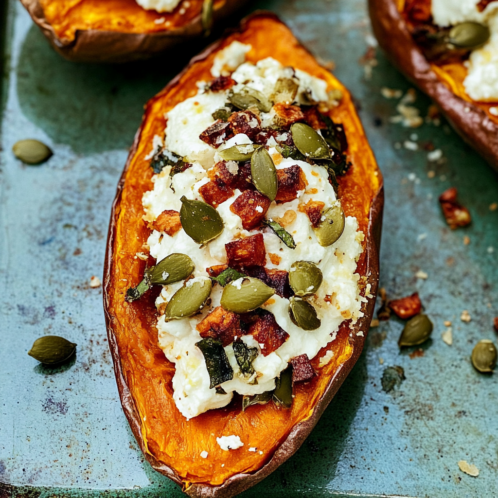Recipe preparation for Harissa & Goat Cheese Stuffed Sweet Potatoes