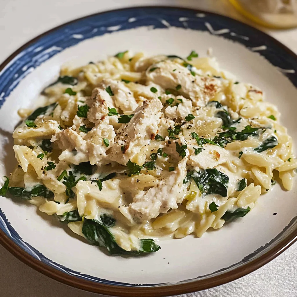 Recipe preparation for Creamy Lemon Spinach Orzo (One Pan)