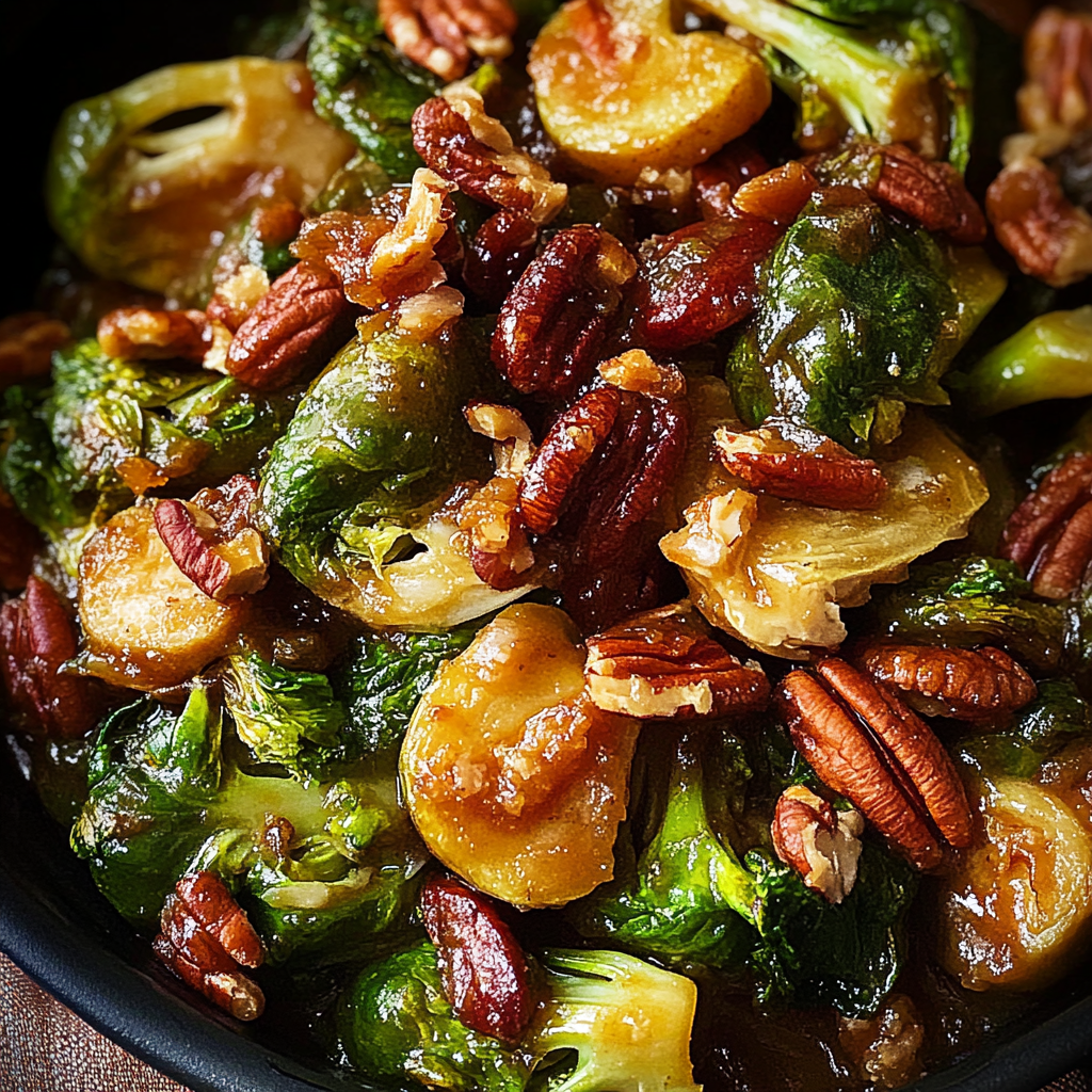Recipe preparation for Maple Glazed Brussels with Candied Pecans