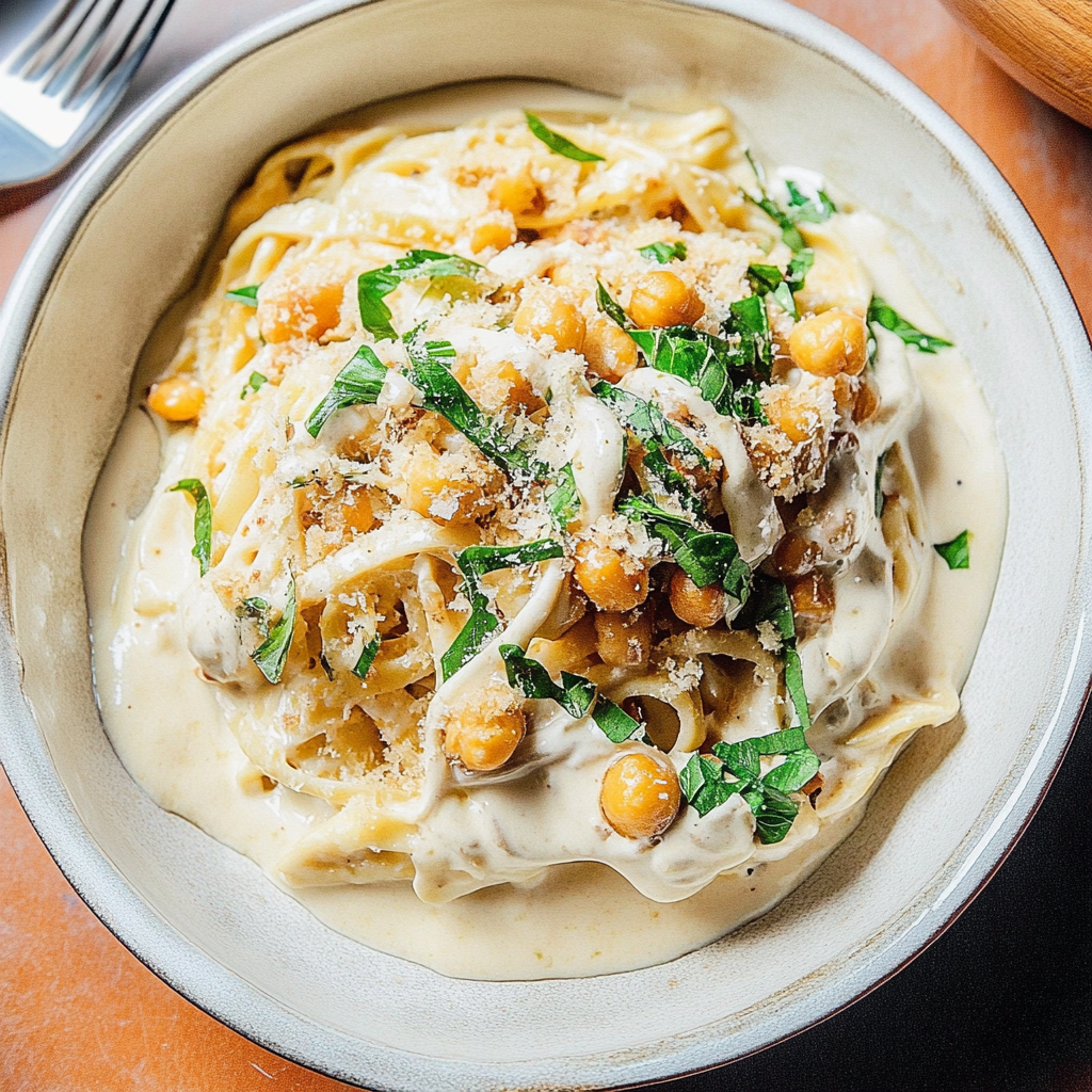 Recipe preparation for Cabbage Alfredo with Crispy Chickpeas