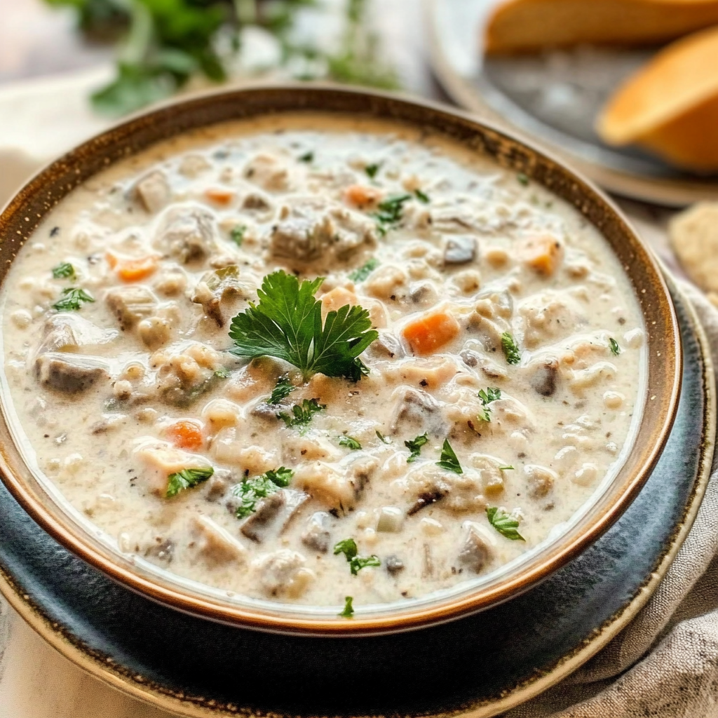 Recipe preparation for Creamy Mushroom Barley Snowday Soup