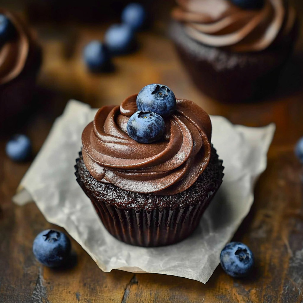 Recipe preparation for Dark Chocolate Blueberry Cupcakes