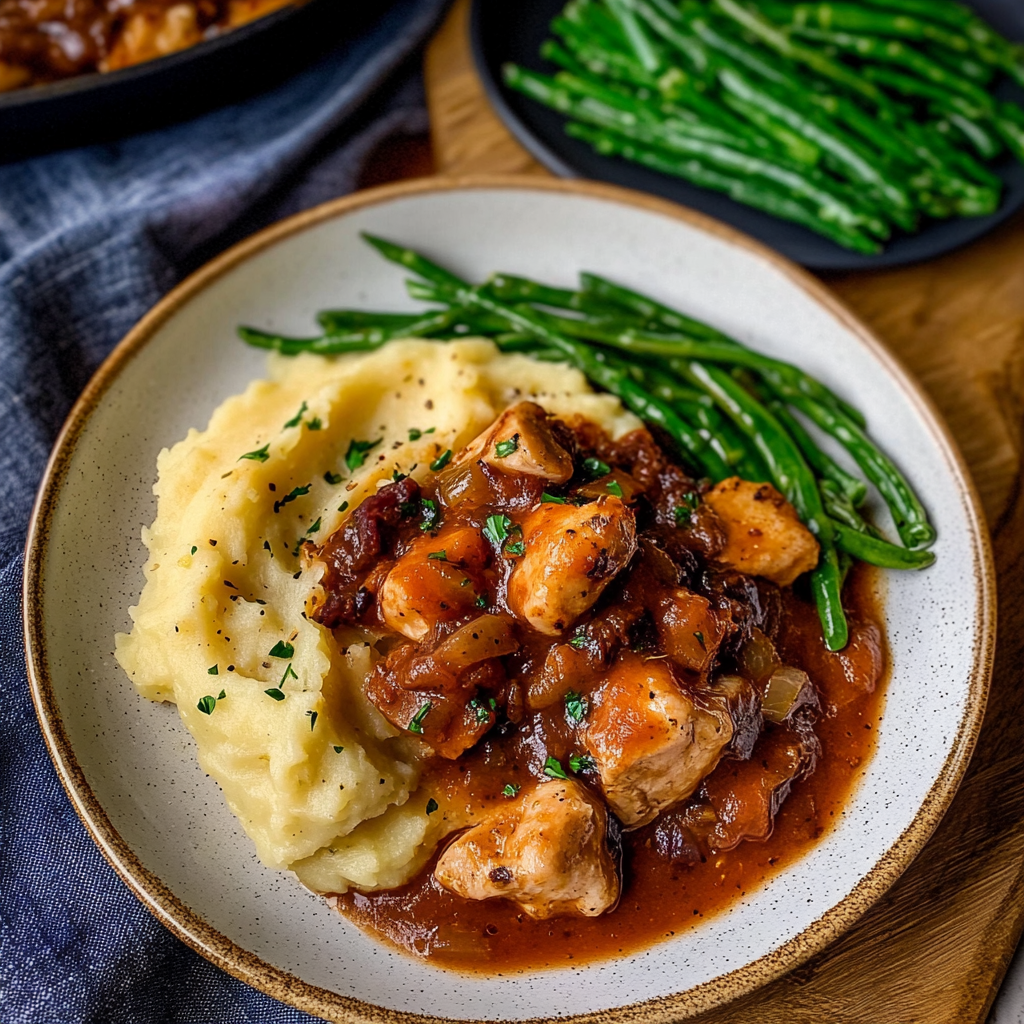 Recipe preparation for Chicken Chasseur with Garlic Mashed Potatoes