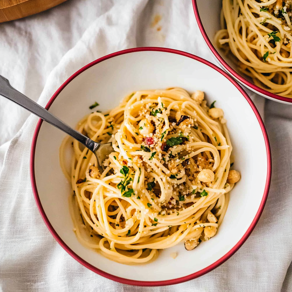 Recipe preparation for Spaghetti with Herbed Butter and Crispy Breadcrumbs
