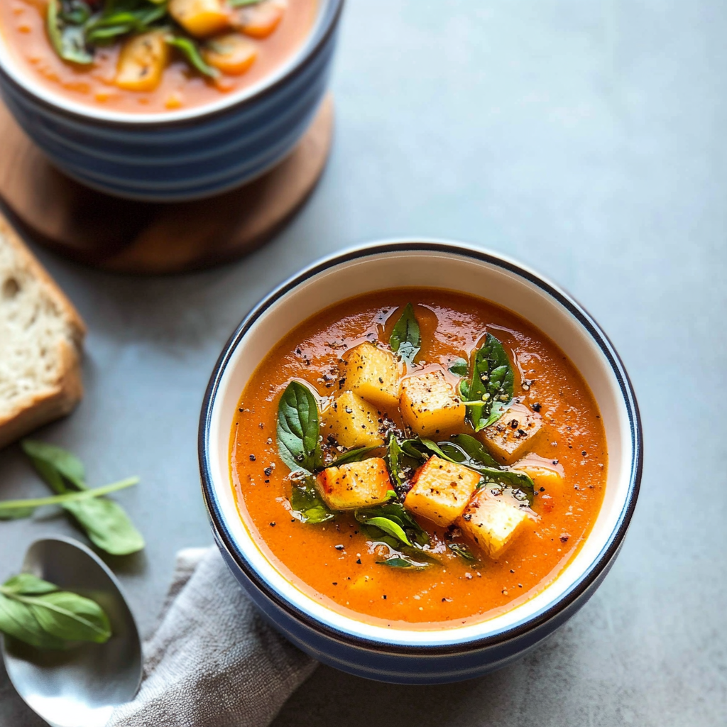 Recipe preparation for Tomato Peach and Arugula Soup