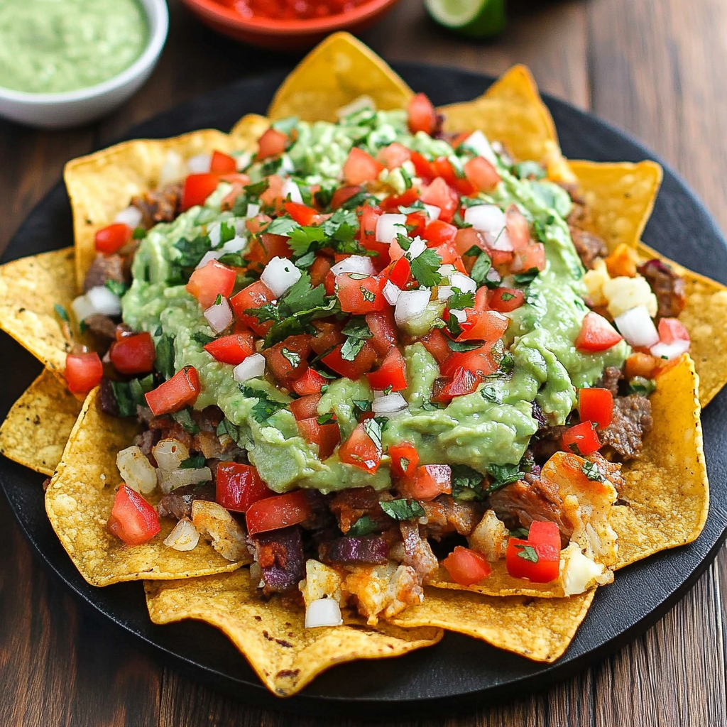 Recipe preparation for Nachos with Guacamole and Pico de Gallo