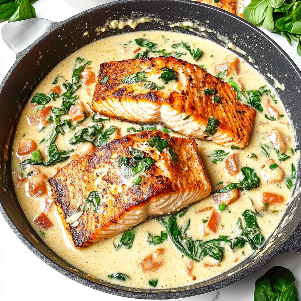 Recipe preparation for Dairy-Free Tuscan Salmon