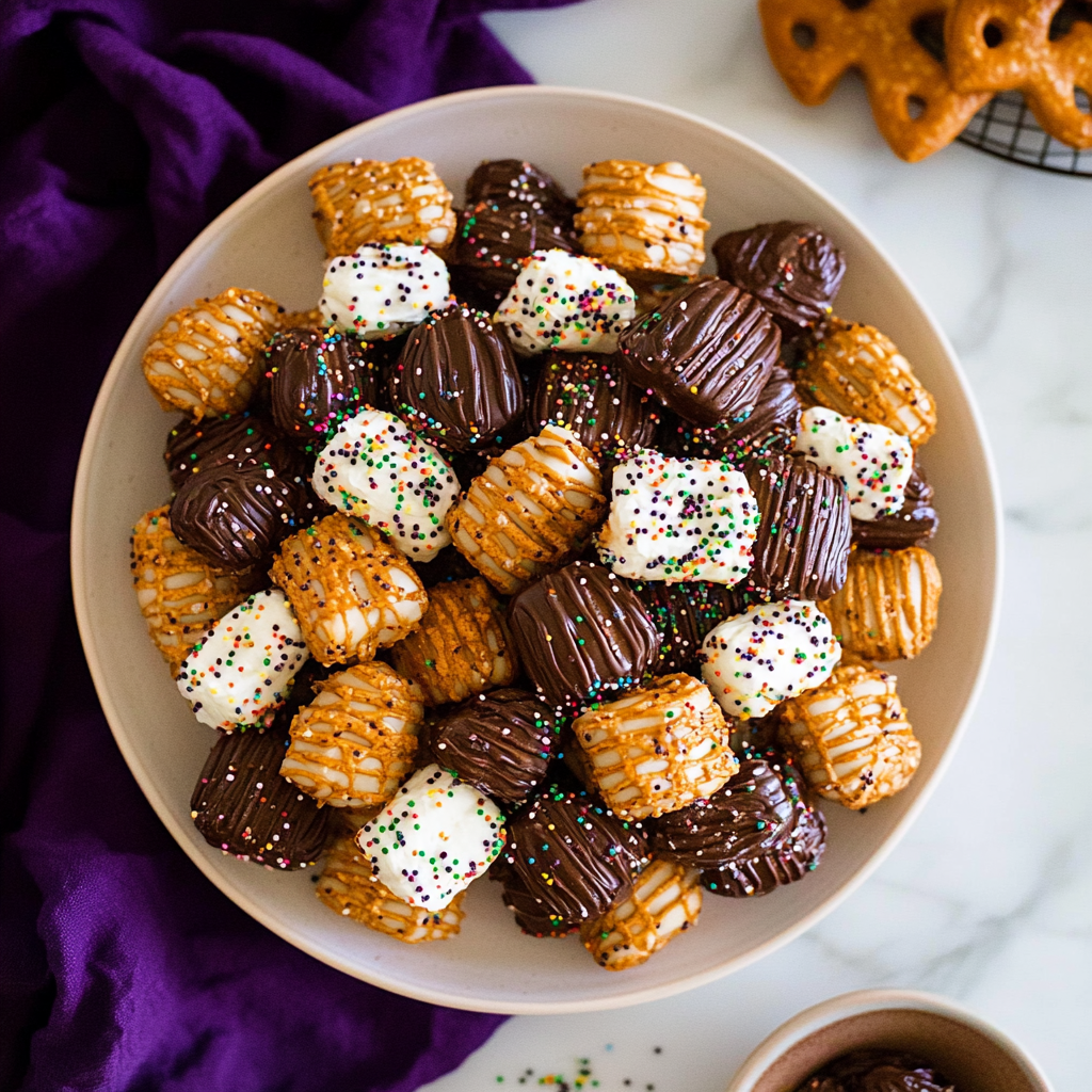 Recipe preparation for Peanut Butter Chocolate Bunny Pretzels