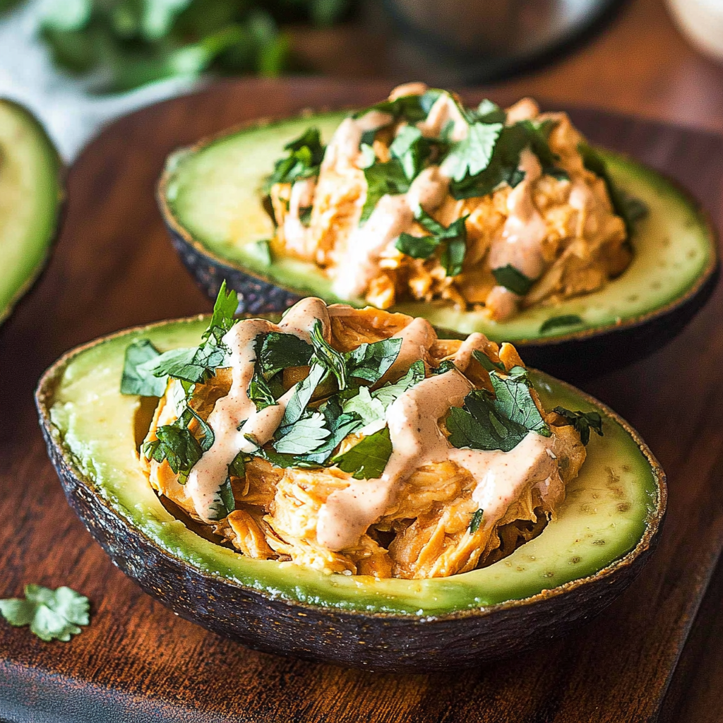Recipe preparation for Buffalo Chicken Stuffed Avocados