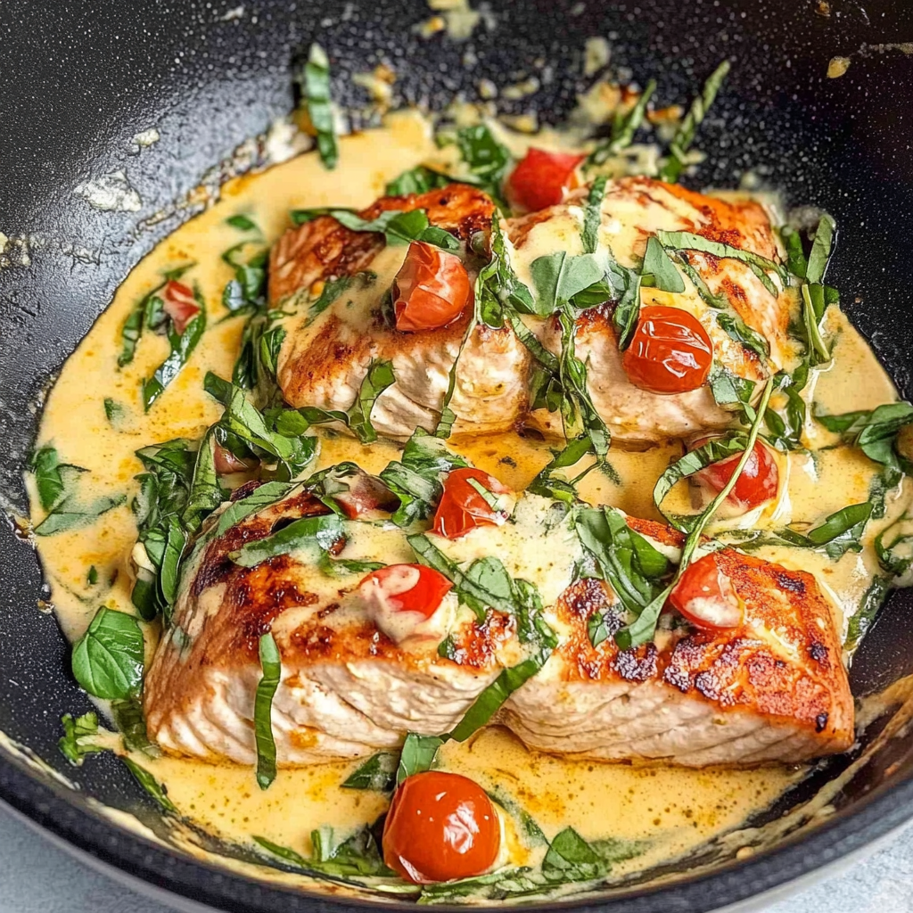Recipe preparation for Spicy Tuscan Salmon